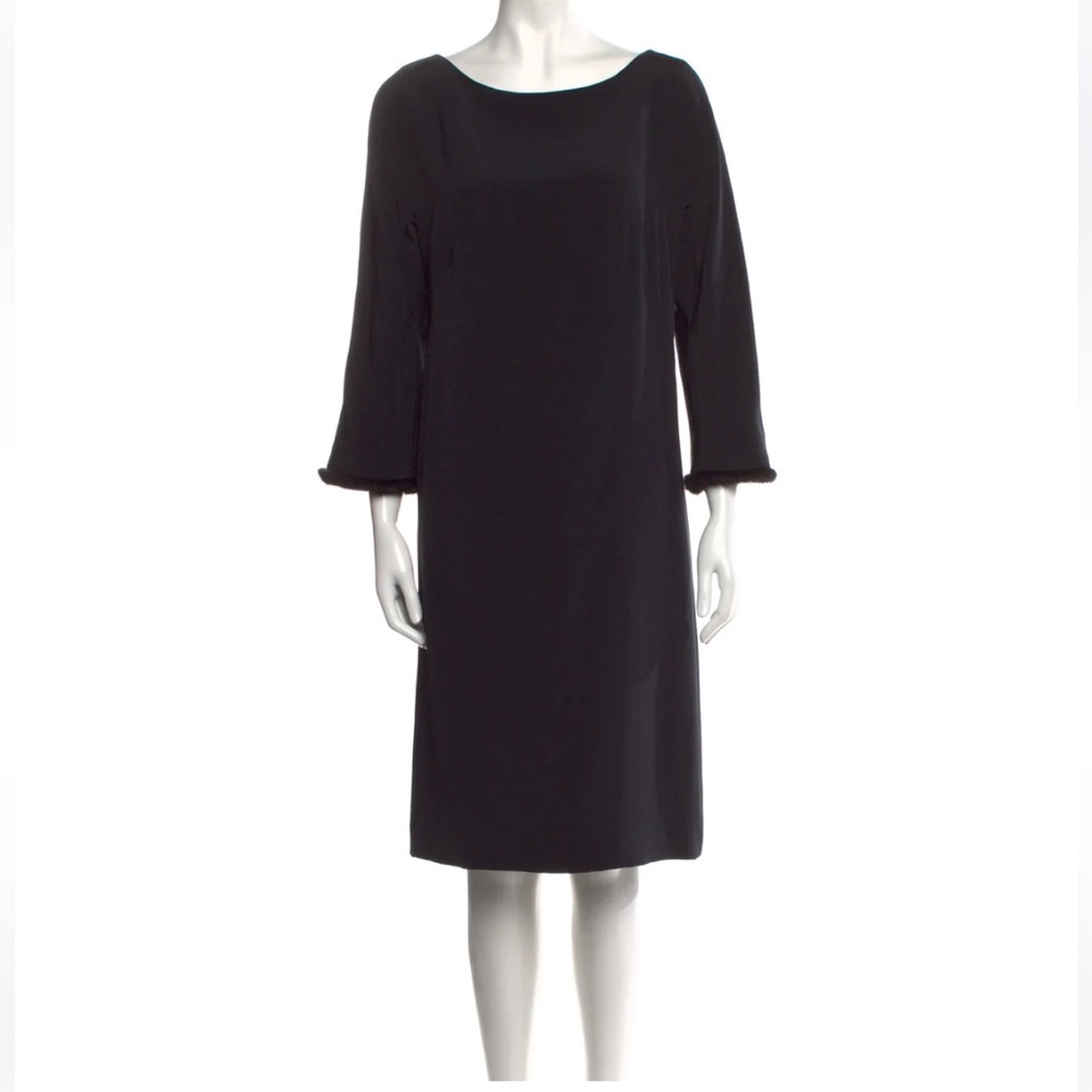 Escada silk knee length fur trim dress 34/4 Small